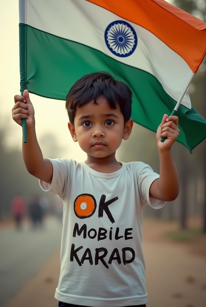 show Indian boy hold Indian flag in hand , on his tshirt Ok Mobile Karad text 