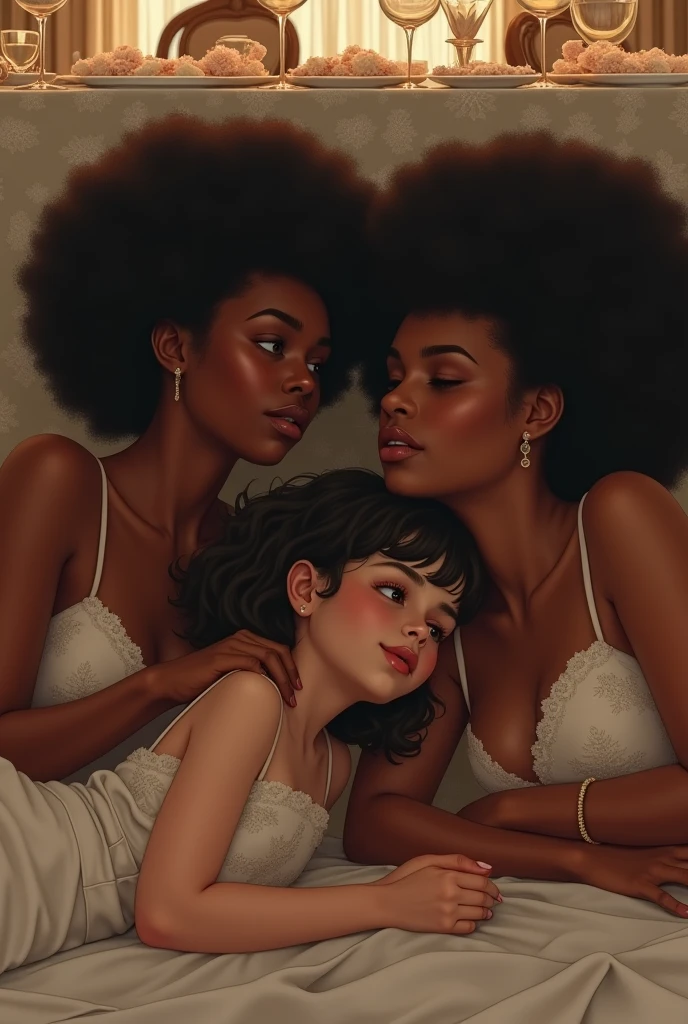 three women sitting under a big wedding table, realistic artstyle, the Black skinned girls knowingly look at each about the sexual adventure they will take their new friend laying on the floor, there are two sets of legs per woman and child seated at the table, the white skinned girl is conservative but aroused, the girls off center are big boned black skinned African girls with medium afro hairstyles, they are holding her and kissing white skinned girl, casual pose, the flanking girls want to kiss the white skinned girl, realistic style, official fanart, realism artstyle, hyperrealistic teen, high quality fanart, background artwork, calmly conversing 8k, realistic art style, relaxed poses, 3 young and beautiful girls, detailed realistic expressions, realistic picture   a black skinned girl is kissing white skinned girl's neck, wet and parted lips, align torso with the legs, 
