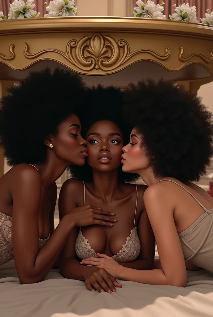 three women sitting under a big wedding table, realistic artstyle, the Black skinned girls knowingly look at each about the sexual adventure they will take their new friend laying on the floor, there are two sets of legs per woman and child seated at the table, the white skinned girl is conservative but aroused, the girls off center are big boned black skinned African girls with medium afro hairstyles, they are holding her and kissing white skinned girl, casual pose, the flanking girls want to kiss the white skinned girl, realistic style, official fanart, realism artstyle, hyperrealistic , high quality fanart, background artwork, calmly conversing 8k, realistic art style, relaxed poses, 3 young and beautiful girls, detailed realistic expressions, realistic picture a black skinned girl is kissing white skinned girl's neck, wet and parted lips, align torso with the legs,