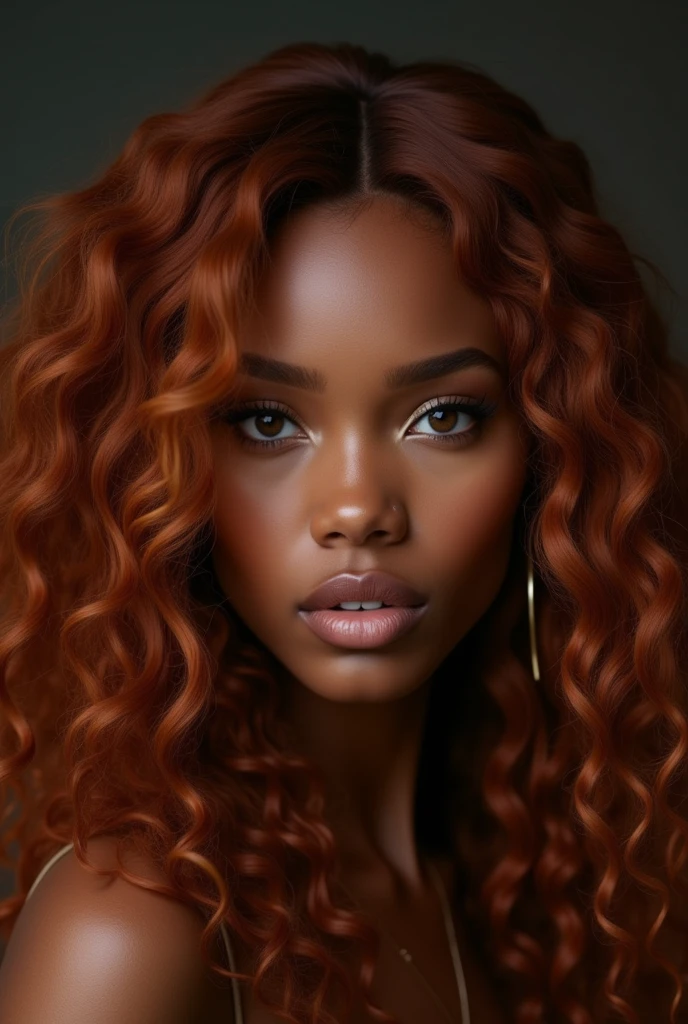 Black girl with long copper-colored sambo hair and dark brown eyes