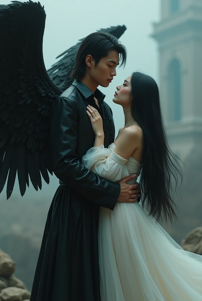 Create a highly detailed digital art piece depicting a dramatic and intense scene. The image should feature a handsome asian male, short mullet haircut, wearing a black outfit and has wings made of feathers. The wings should appear powerful and dynamic, enhancing the surreal and otherworldly feel of the scene. The male hugged a beautiful russian female figure with long, flowing black hair, dressed in a semi-transparent, ethereal white gown that suggests a blend of elegance and mystery. Her posture should be one of awe or slight trepidation as she gazes up at the towering figure. The background should be moody and atmospheric, possibly with a hint of desolation or a war-torn landscape.