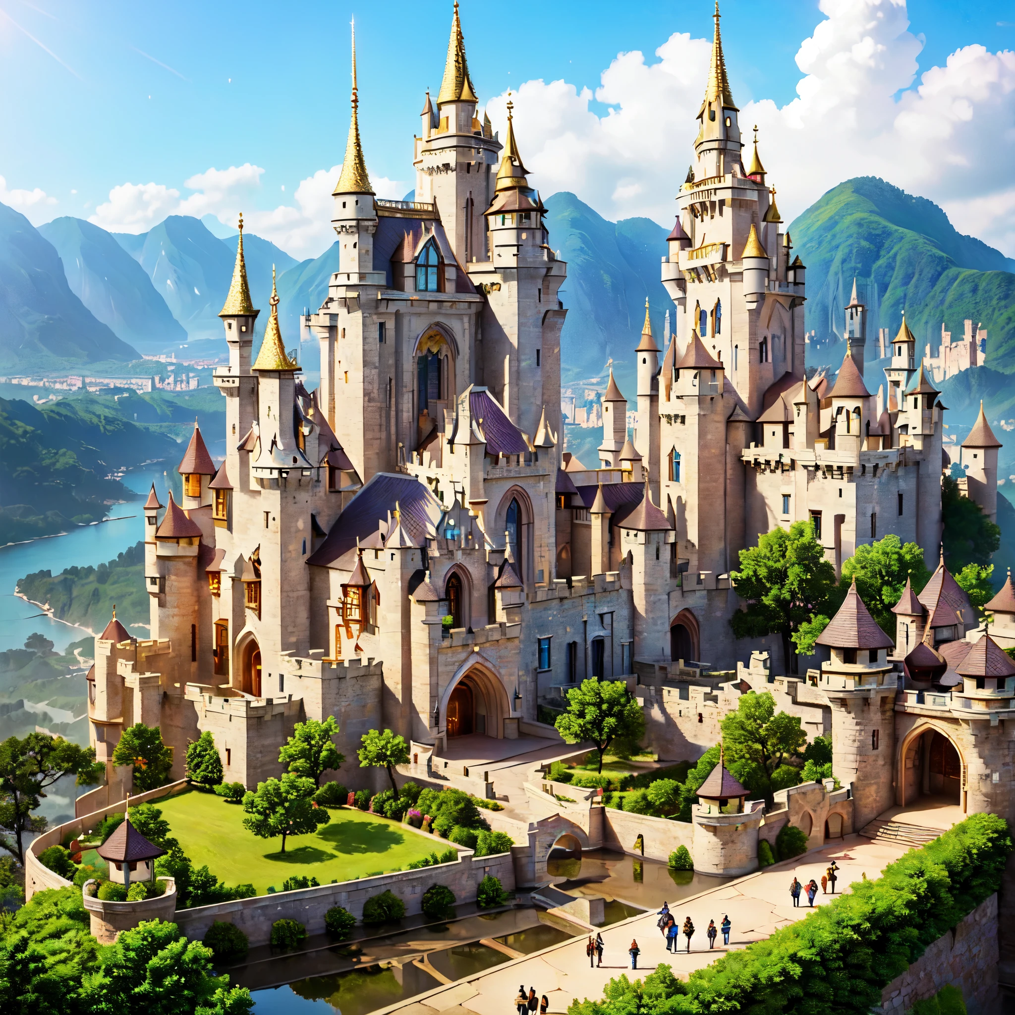 (((masterpiece, Highest quality, beautiful, luxury, Avalon))), (fantasy castle, Theme park, Gothic, Fairy tale, Vibrant, mysterious, Surrounded by major towers, With gold accents that sparkle in the sunlight, Breathtaking)