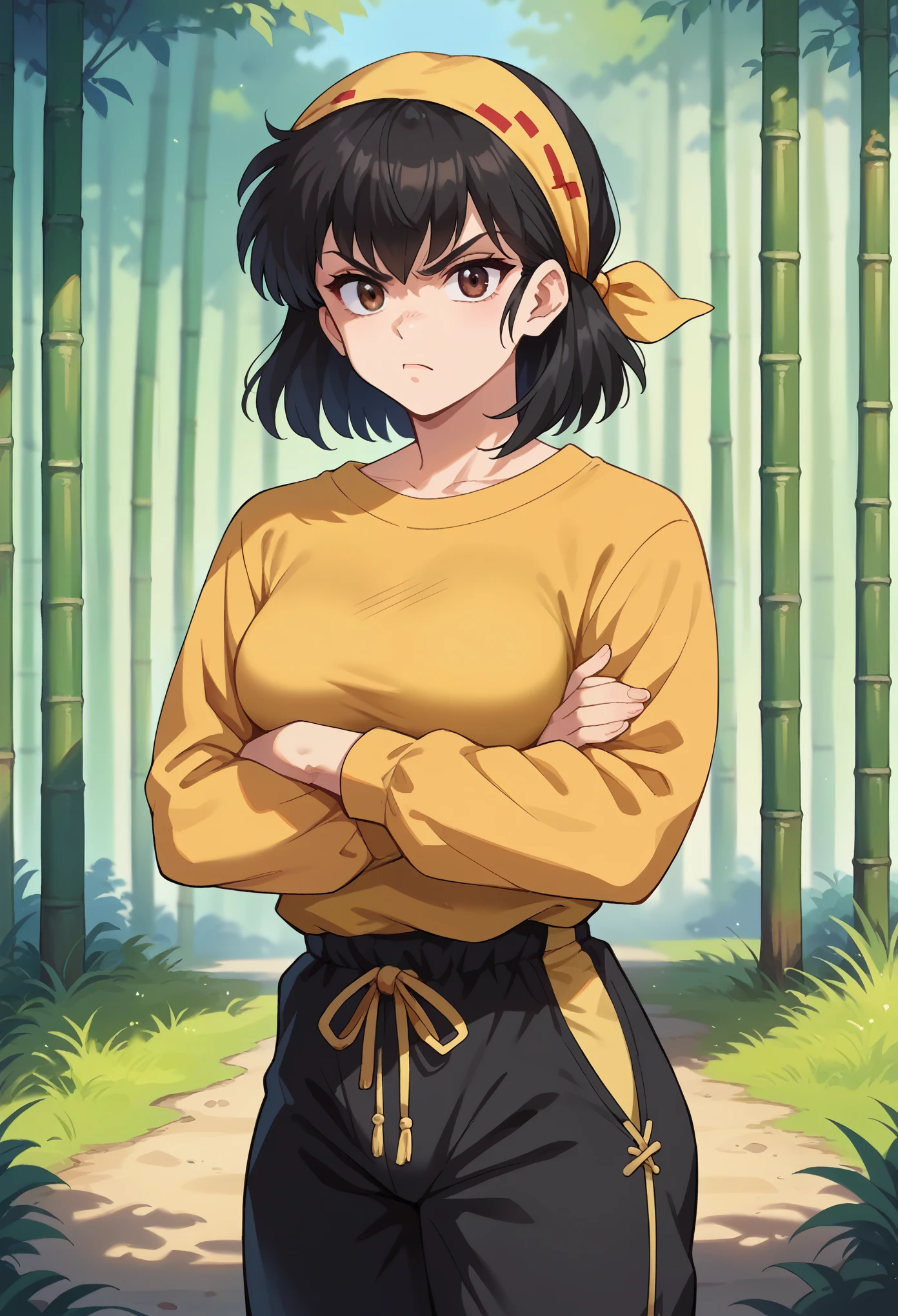 score_9, score_8_up, score_7_up, 1girl, solo, female focus, medium breasts, Ryouga Hibiki, black hair,(medium hair), bangs, brown eyes, yellow bandana, yellow shirt, long sleeves, black pants, baggy pants, upset,stading, close-up, crossed arms, looking at you, chinese forest, bamboo