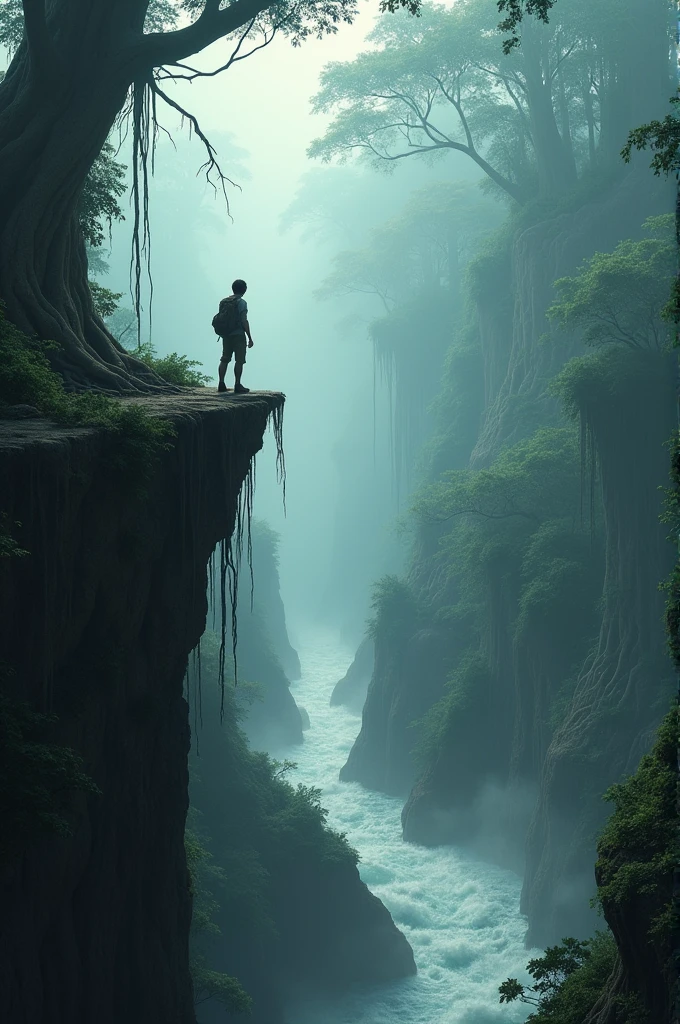 A wide view of a dense, mist-covered jungle. Towering trees with thick, twisted roots rise up through the fog, their canopies creating a dark, shadowy environment below. A young explorer stands at the edge of a steep cliff, looking down at a dangerous path that winds through the jungle. Below, a roaring river cuts through the landscape, its waters rushing past jagged rocks. The air is thick with humidity, and distant animal calls echo through the trees. The scene captures the daunting challenge of navigating this treacherous and untamed wilderness.