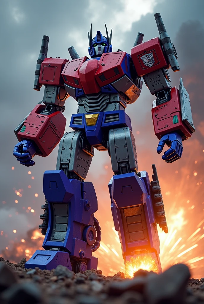 T-rexBig head on right hand. Purple robot. muscle robot. Full armour hulk buster. . iron man. Superman. Ultraman Red white armor. Mediva concept. Samurai Optimus Prime, robot warrior, leaping against dark cloudy sky, intense battle background, dynamic explosion effects, cinematic lighting, highly detailed, 8K, (best quality,4k,8k,highres,masterpiece:1.2),ultra-detailed,(realistic,photorealistic,photo-realistic:1.37),epic action scene,dramatic pose,intricate mechanical design,glowing energy,sparks,dust,devastation,cinematic angle,dramatic lighting