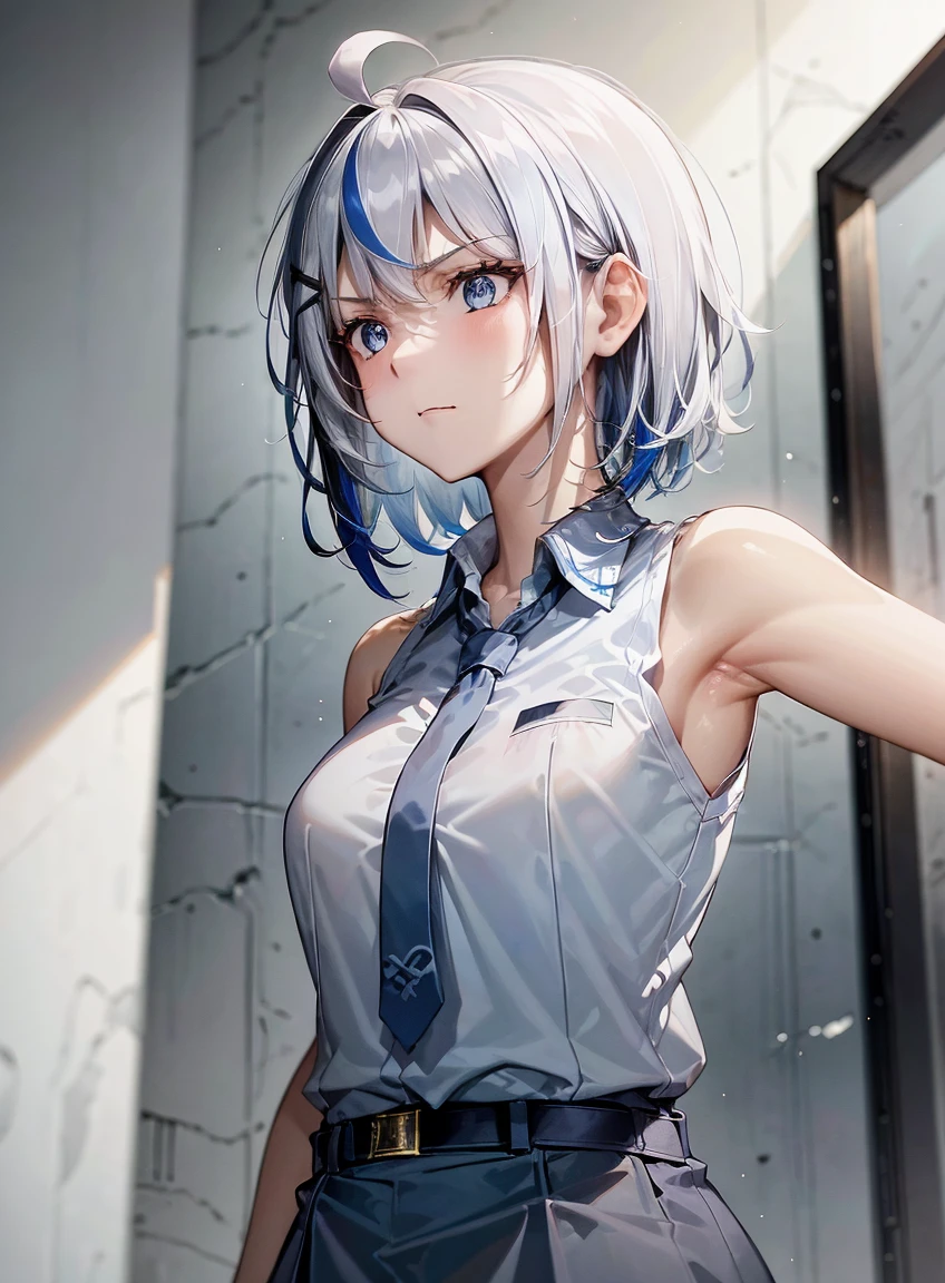 highres, (1girl), (white hair), (short hair), (short ahoge hair), (multicolor hair), (blue streaked hair), (blue eyes), white dress, sleeveless, angry face, evil eyes, side view, profile view , looking away, white background, 1girl, cewe-sma, from fitting, white shirt, short sleeve, gray skirt, belt, Black Hair, Beautiful and dense face, white skin,(1 girl),skinny, medium chest, (black eye),