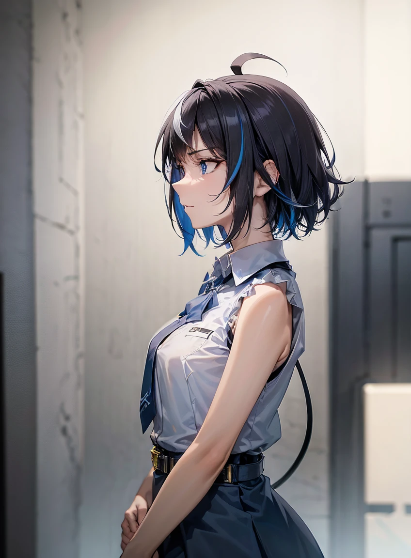highres, (1girl), (white hair), (short hair), (short ahoge hair), (multicolor hair), (blue streaked hair), (blue eyes), white dress, sleeveless, angry face, evil eyes, side view, profile view , looking away, white background, 1girl, cewe-sma, from fitting, white shirt, short sleeve, gray skirt, belt, Black Hair, Beautiful and dense face, white skin,(1 girl),skinny, medium chest, (black eye),