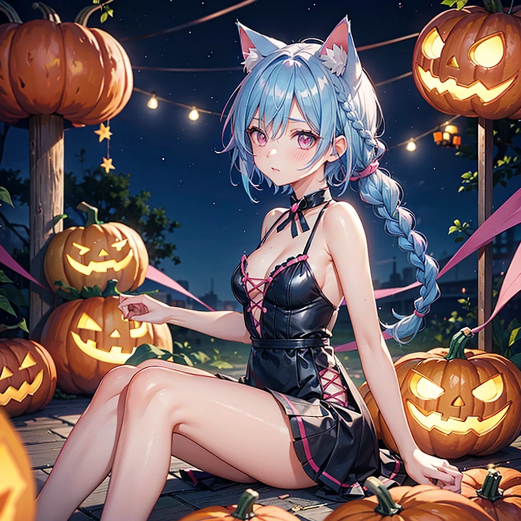(Sky blue hair),(Braided short hair), (Pink Eyes),Fair skin) ,(whole body),(One Girl),(There are lots of pumpkin ghosts in the background),Cat ear,Cat's Tail,(Sailor suit),(Bruises and ugly faces),(Fall into Darkness),If you don't give me sweets, I'll play a prank on you.),(Halloween Night Party),(masterpiece, Highest quality, Very detailed, Best Shadow), (Detailed Background), (Beautifully detailed face), High Contrast, (Best lighting, Very delicate and beautiful), ((Cinematic Light)), Hyper Detail,8k, Dramatic Light, Intricate details,night,(Bats flying in the background),High quality