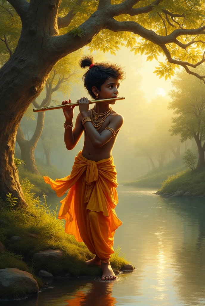 A beautiful picture of  lord Krishna with dark complexion playing flute near the river standing under a tree