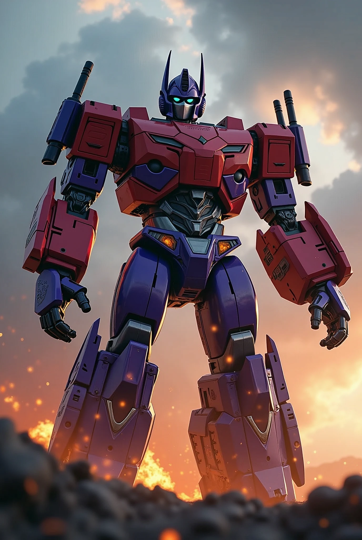 T-rexBig head on right hand. Purple robot. muscle robot. Full armour hulk buster. . iron man. Superman. Ultraman Red white armor. Mediva concept. Samurai Optimus Prime, robot warrior, leaping against dark cloudy sky, intense battle background, dynamic explosion effects, cinematic lighting, highly detailed, 8K, (best quality,4k,8k,highres,masterpiece:1.2),ultra-detailed,(realistic,photorealistic,photo-realistic:1.37),epic action scene,dramatic pose,intricate mechanical design,glowing energy,sparks,dust,devastation,cinematic angle,dramatic lighting