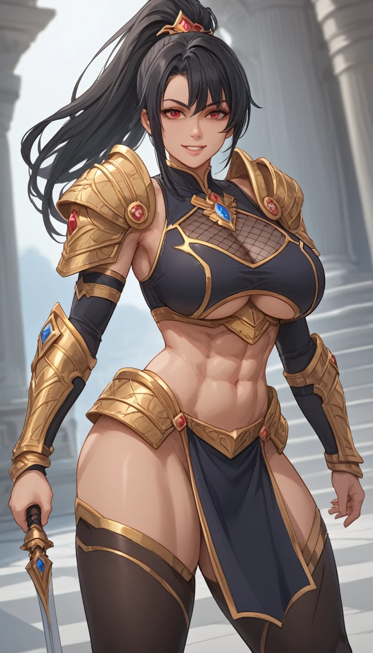 score_9, score_8_up, score_7_up, score_6_up, source_anime, BREAK 1girl, closed smile, looking at you, masterpiece, best quality, busty, athletic body, crimson gold mage armor, gold trim, scales, under boob, cleavage, exposed midriff, dynamic action pose, long black hair in a ponytail, pelvic curtain, mesh, black pantyhose, muscular thighs 