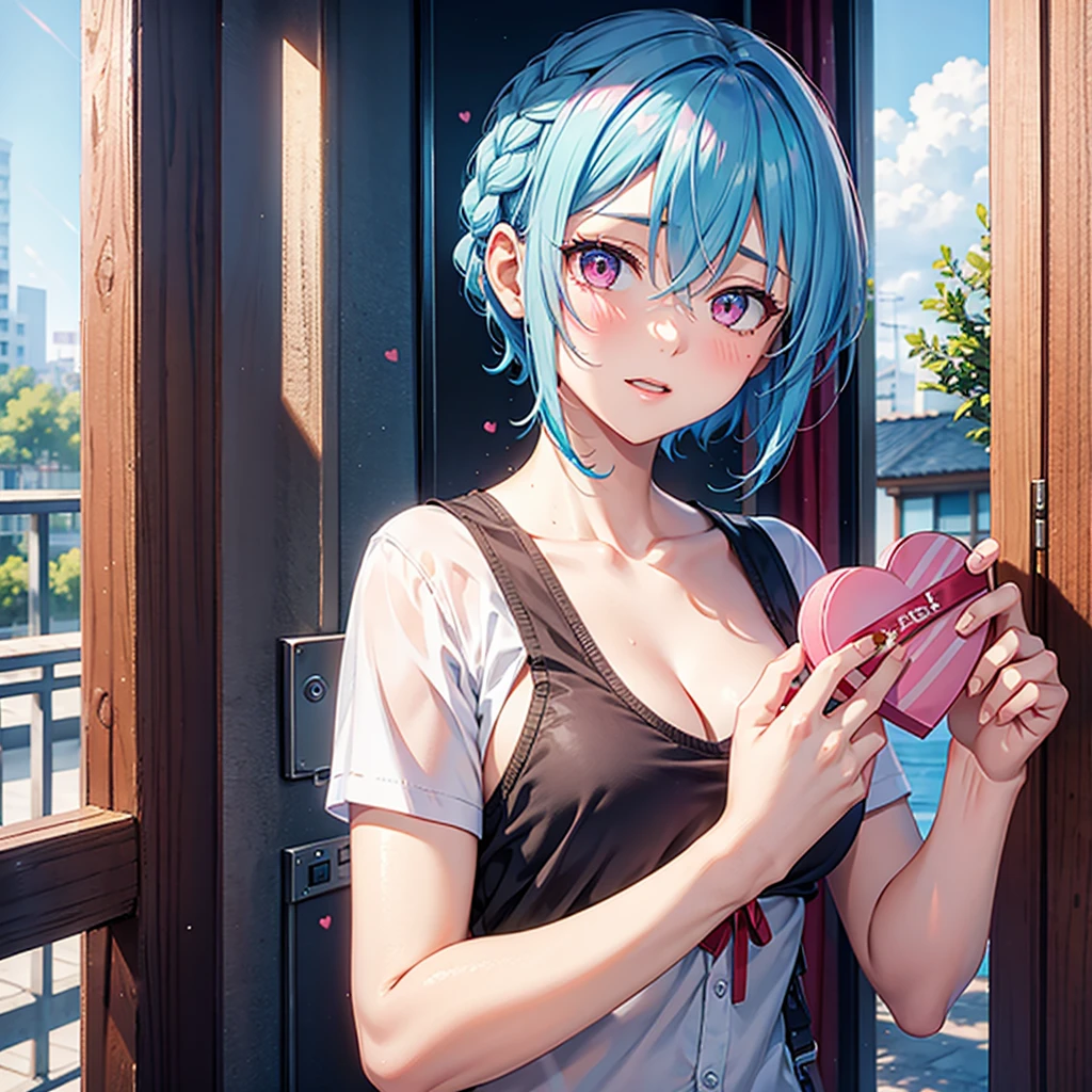 (Sky blue hair),(Braided short hair), (Pink Eyes),Fair skin) ,(whole body),(One Girl),(Embarrassed),(Handing over a heart-shaped chocolate),(valentine's day),(masterpiece, Highest quality, Very detailed, Best Shadow), (Detailed Background), (Beautifully detailed face), High Contrast, (Best lighting, Very delicate and beautiful), ((Cinematic Light)), Hyper Detail,8k, Dramatic Light, Intricate details,night,High quality