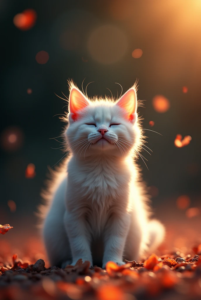 Best quality, masterpiece, ultra high res, raw photo, beautiful and aesthetic,deep shadow, dark theme,(photorealistic:1.4),
White kitten, Hanfu, happy face, open moth, closed eyes, ((chiaroscuro, backlight, sunset, petals floating)),
Graceful poise, evocative atmosphere, magnetic presence, captivating mystique,
Intricate zentangle patterns, astonishing level of detail, generously endowed, striking perspective, a chaotic masterpiece, gracefully poised, vibrant color palette, ((outdoors)), inspired by futurist architecture