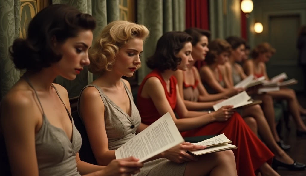 Hollywood in the 1930s, a cinematic technicolor shot, a group of young women are sitting in line waiting for an audition in a theater lobby, they are studying their scripts