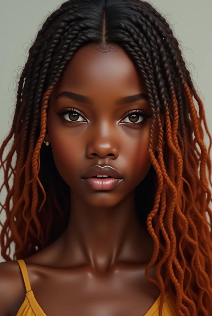 Black girl with long copper-colored sambo hair and dark brown eyes 