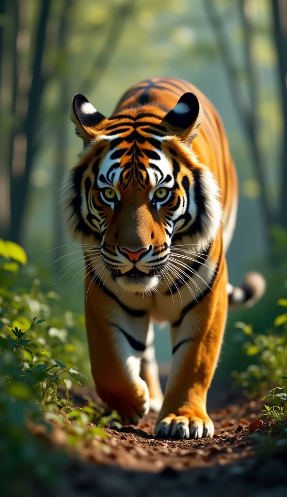 A majestic and powerful tiger, described with intricate and distinct stripes, modern day, in a dense jungle, prowling silently, dappled sunlight filtering through the trees creating shadows, close-up shot, hyper-realistic, photo realism, cinematography --ar 9:16.
