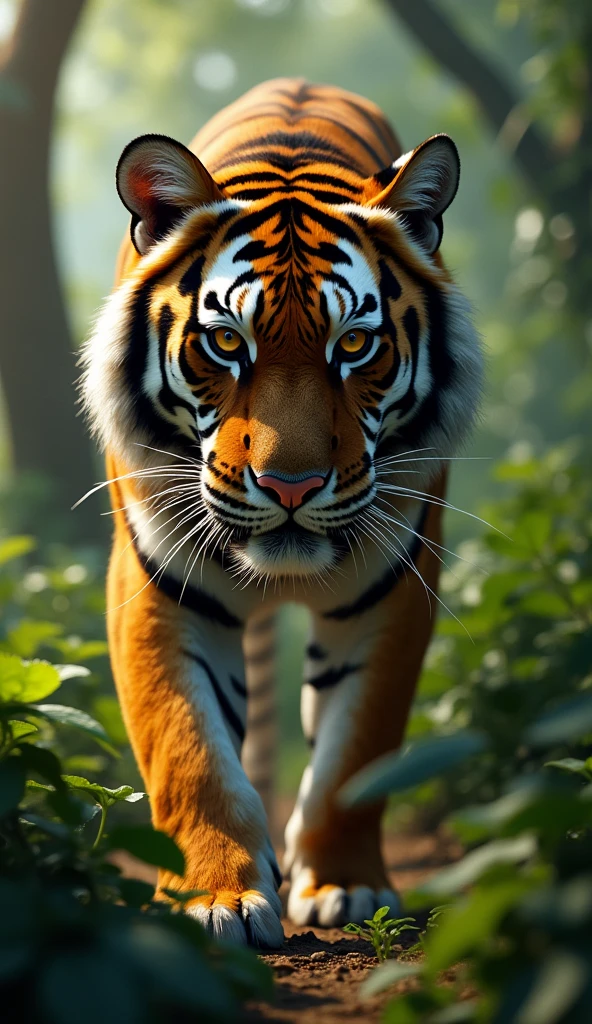 A majestic and powerful tiger, described with intricate and distinct stripes, modern day, in a dense jungle, prowling silently, dappled sunlight filtering through the trees creating shadows, close-up shot, hyper-realistic, photo realism, cinematography --ar 9:16.