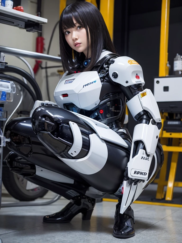 masterpiece, Highest quality, Very detailed, Japaese アンDroid girl,Portraiture,Plump,Thick,Control panel,アンDroid,Droid,Mechanical Hand, robotの腕と脚, Black Hair,Blunt bangs,perfect robot girl,Long tube,A thick cable was attached to her neck.,アンDroid,robot,humanoid,cyborg,japanese cyborg girl ,robot-assembly plant,She is now assembling,Assembly scene,Chubby,Squat