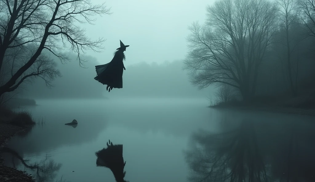 A witch flying low over a misty lake, her reflection visible in the water, with dark, twisted trees in the background, realistic and eerie atmosphere
