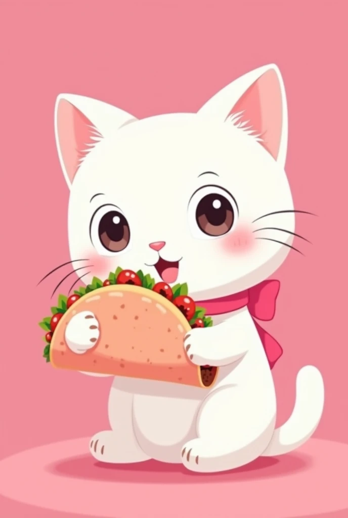 Cat with a pink ribbon collar, hello kitty style, white, studio ghibli style, eating a pink tortilla taco, anime style, in the shape of a logo, with a pink background