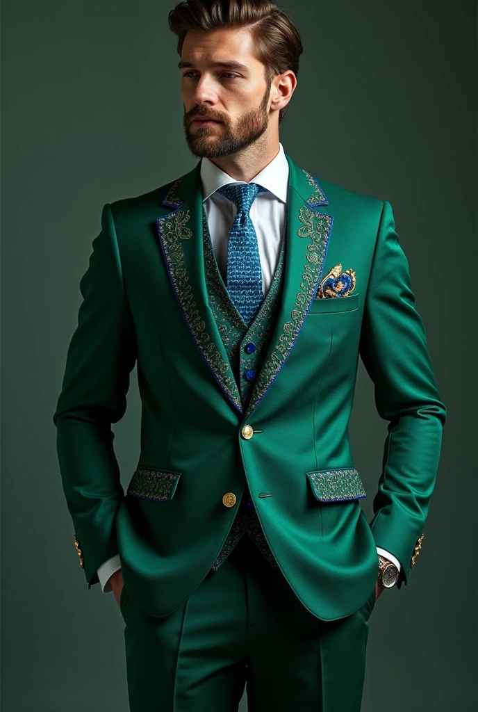 Design of an emerald green suit with blue embroidery for men inspired by precious stones