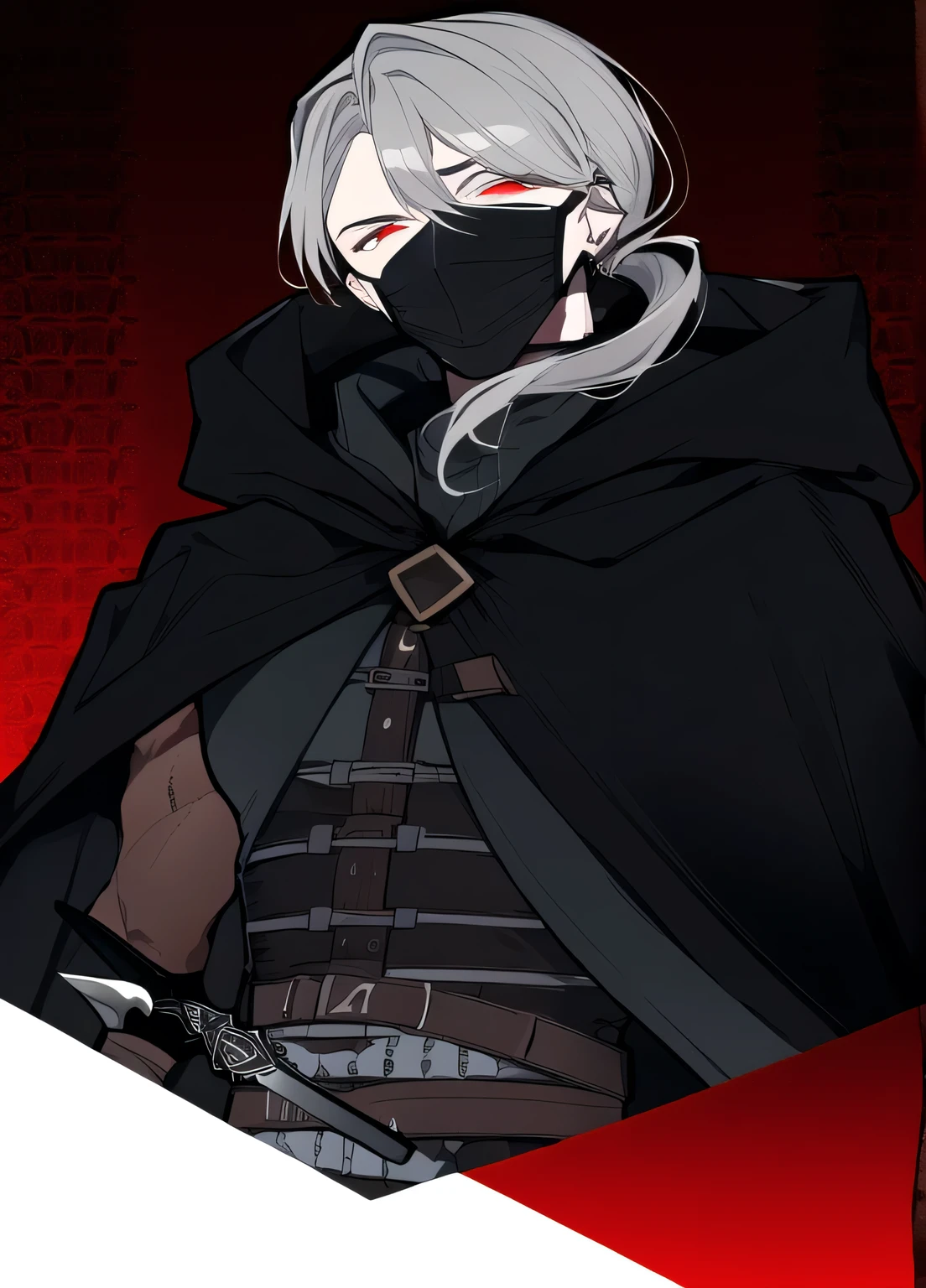 Assassin, male, Fantasy Characters, strong body, Wearing a mask covering his face and wearing a black medieval costume, Wearing a black hooded cape, Gray Hair, High Ponytail,Three red eyes, Holding a dagger, night background