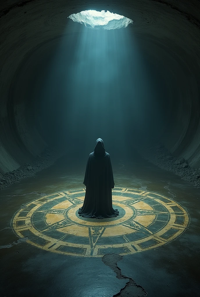 A hooded figure surrounding a large magic circle drawn on a dark underground floor. (Six people)The person of