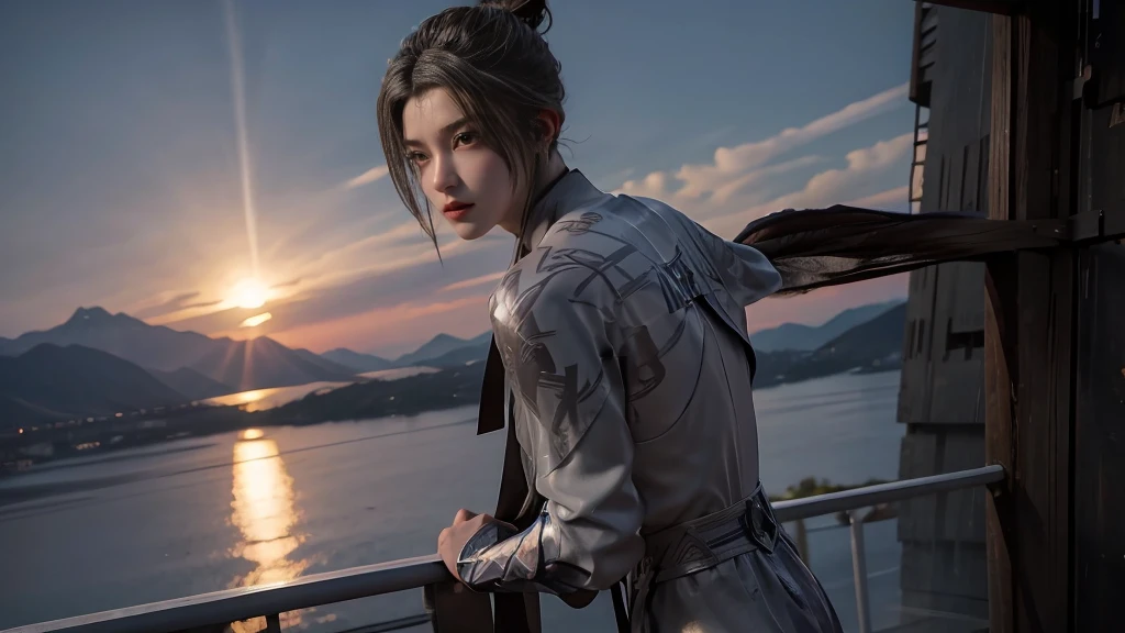 masterpiece,Game Art,Best picture quality,Maximum resolution,8k,(Upper Body),Unreal Engine 5 rendering works,(Digital Photography),(Boy boxing),Short hair details,(The eyes are very delicate),(Has short grey hair:1.4),(Perfect body),(Black robe),(background:mountain peak),light,night,Ray Tracing,RAW photos,((3D Unreal Engine)),OC rendering reflection mode