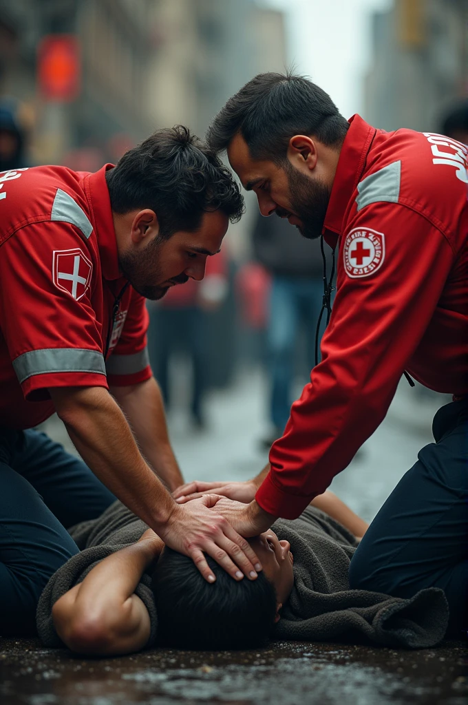 First responders in red cross shirts performing cardiac compressions 