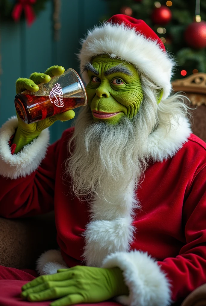The Grinch and Santa Claus drinking Coca Cola