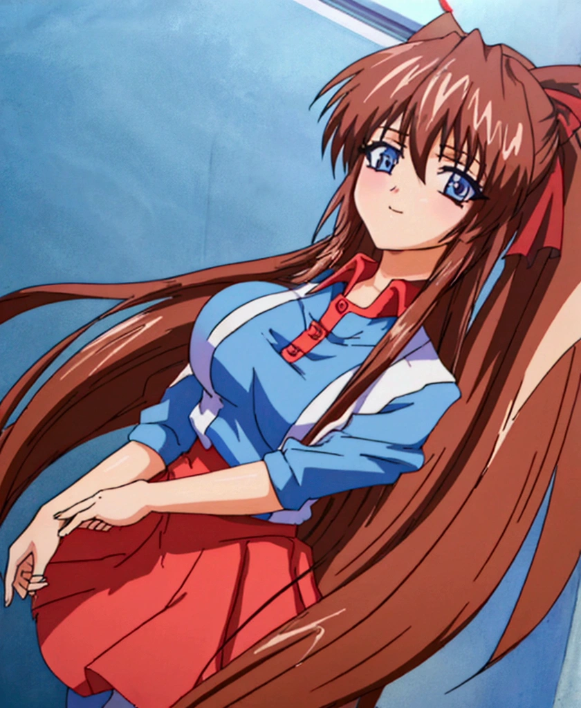 (Anime artwork, Anime Style, Studio Anime, Very detailed, up to date, Vibrant, Anime Coloring Book, High Contrast, masterpiece:1.2, Highest quality, Best aesthetics), (Beautiful and detailed eyes:1.2), Aoi Tennis, One girl, alone, blue eyes, Hair Ribbon, Tennis uniform, Polo shirt, Raglan sleeves, Pleated skirt, Red Skirt, smile, Asymmetrical bangs, Perfect Proportions, Skin with attention to detail, cute, Detailed face, (Cowboy Shot, Low - Angle:1.2),