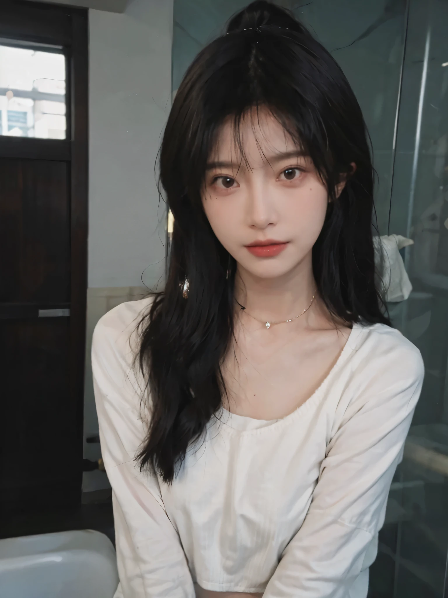 best qualtiy, Ultra-high resolution, (realisticlying:1.4),cute hairpin,1girll,Cropped black sweater ,head straight-looking at viewer,Full of atmosphere,Beautiful woman with a slim figure:1.4, abs:1.1, bathroom,Ultra-fine face,Elaborate Eyes,double eyelid,choker necklace