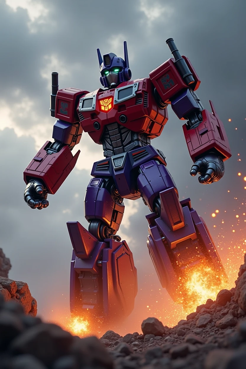 T-rexBig head on right hand. Purple robot. muscle robot. Full armour hulk buster. . iron man. Superman. Ultraman Red white armor. Mediva concept. Samurai Optimus Prime, robot warrior, leaping against dark cloudy sky, intense battle background, dynamic explosion effects, cinematic lighting, highly detailed, 8K, (best quality,4k,8k,highres,masterpiece:1.2),ultra-detailed,(realistic,photorealistic,photo-realistic:1.37),epic action scene,dramatic pose,intricate mechanical design,glowing energy,sparks,dust,devastation,cinematic angle,dramatic lighting