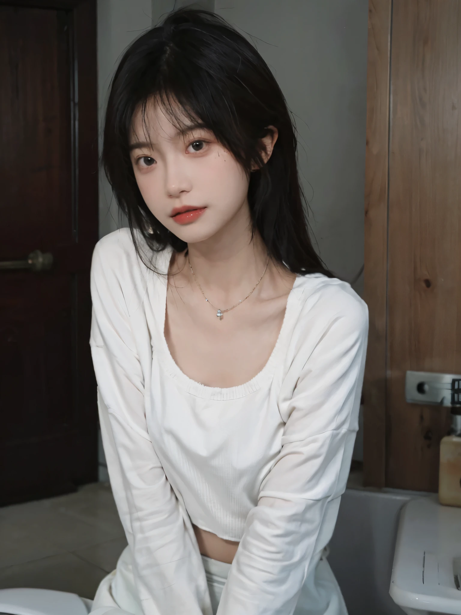 best qualtiy, Ultra-high resolution, (realisticlying:1.4),cute hairpin,1girll,Cropped black sweater ,head straight-looking at viewer,Full of atmosphere,Beautiful woman with a slim figure:1.4, abs:1.1, bathroom,Ultra-fine face,Elaborate Eyes,double eyelid,choker necklace