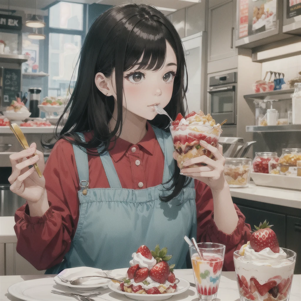 Photo of a girl eating a strawberry parfait, artwork in the style of Gweitz, by Hikari Shimoda, Inspired by Hikari Shimoda, Gweitz on artstation pixiv, Gweitz on pixiv artstation, Gweitz, Gweitz masterpiece, Beeple and Jeremiah Kettner, Eat a parfait, By Chen Yanjun