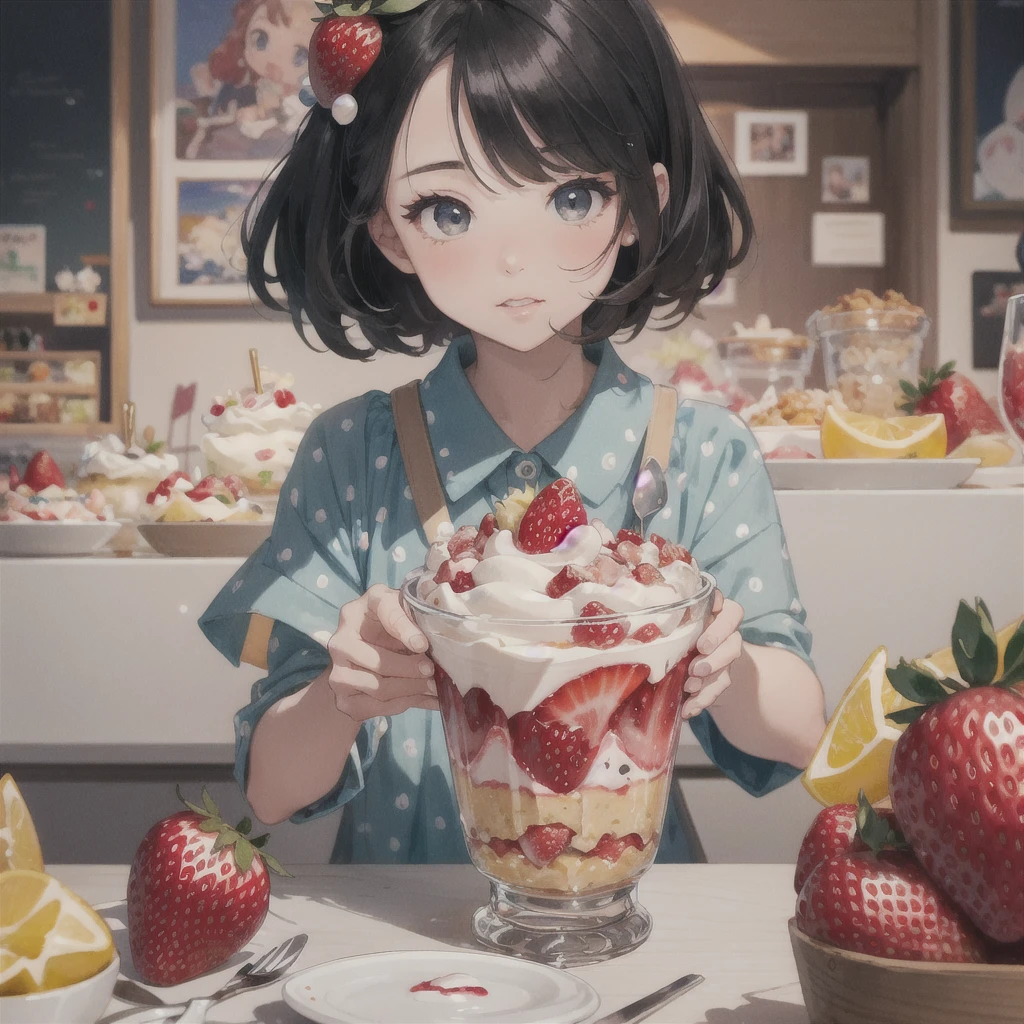 Photo of a girl eating a strawberry parfait, artwork in the style of Gweitz, by Hikari Shimoda, Inspired by Hikari Shimoda, Gweitz on artstation pixiv, Gweitz on pixiv artstation, Gweitz, Gweitz masterpiece, Beeple and Jeremiah Kettner, Eat a parfait, By Chen Yanjun