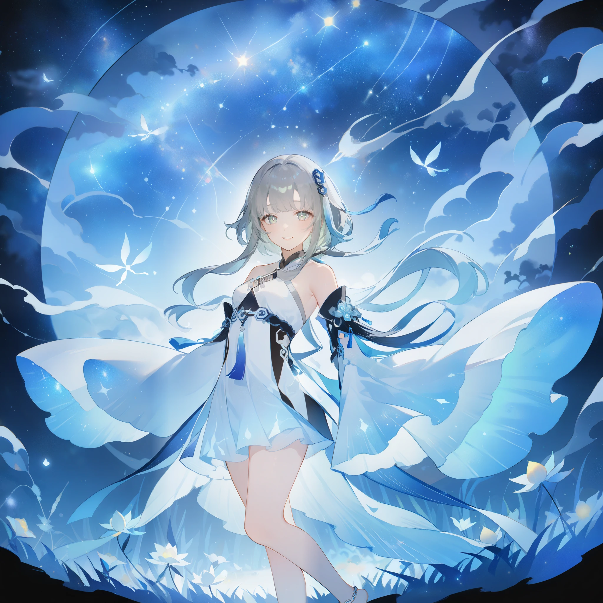 score_9, score_8_up, score_7_up, score_6_up,1girl, guizhong_\(genshin_impact\),(grey hair),short_hair_with_long_locks in front and low ponytail in back,gradient_hair,(pale grey eyes with seafoam gradient),starry_sky_print,detached_sleeves white outside blue starry inside, hands completely hidden by long sleeves,stunning field of softly glowing cerulean and white glaze lilies,night scene,gentle smile,face focus, eye focus,ladyshadow,moonlight,glossy lips,vivid anime coloring,cel shading,smooth, soft dreamy focus,anklet,halter_top,white clothes,highly detailed,digital painting,bare_shoulders,barefoot,cool night tones, magical night scene,geo crystalflies,professional,anemo colored fireflies,nebula of stardust and silvery vapor,harmonious blend of nature and art,transcendent beauty,awe-inspiring artwork,(best quality,4k,8k,highres,masterpiece:1.2),yunamaro,carnelian,dsmile,cosmic stardust,guizhong, guizhong's def clothes, 1girl, long hair, blue eyes, barefoot, guizhong's dress, hair ornament, chinese clothes, sleeves past fingers,