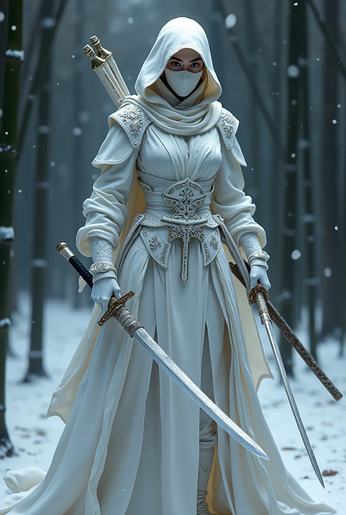 Create an image of the 'Porcelain Assassin,' a lethal ninja clad entirely in sleek, white armor that resembles delicate porcelain. Her figure is graceful yet deadly, with the armor intricately designed, featuring subtle floral patterns and cracks that mimic the look of fine porcelain, yet reinforced with high-tech materials for flexibility and protection. Her face is partially concealed by a porcelain mask, with only her piercing, ice-cold eyes visible, reflecting a steely focus and precision.

In a dynamic combat stance, she wields a pair of razor-sharp katanas, their blades gleaming with an ethereal, cold light. Several other weapons are strategically placed on her person—throwing stars, concealed daggers, and a small crossbow strapped to her back. The white fabric of her outfit flows with her movements, blending seamlessly into the snowy environment around her.

The background is a dark, moonlit night in a secluded bamboo forest, with snow gently falling, contrasting against her pure white form. The trees cast long shadows, and the ground is lightly dusted with snow, further emphasizing her ability to blend into her surroundings. The atmosphere is tense, as if she's poised to strike at any moment, her presence both elegant and terrifying, embodying the lethal precision of a master assassin."

This prompt should inspire the creation of an image that captures the lethal elegance of the "Porcelain Assassin" in her white ninja armor, fully armed and ready for combat.








