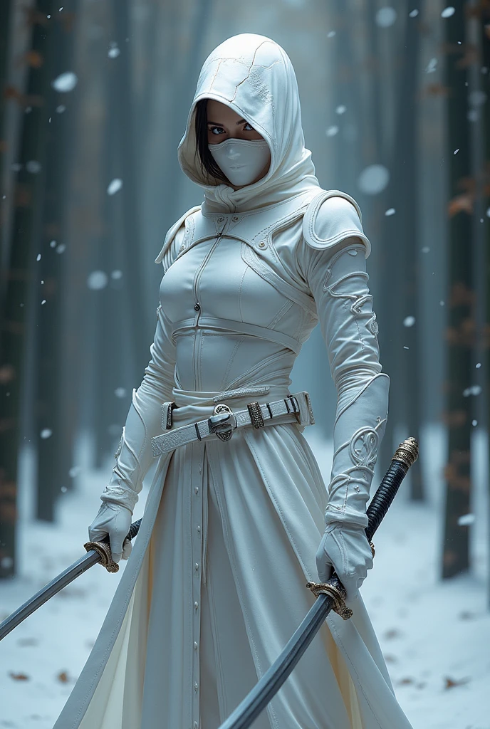 Create an image of the 'Porcelain Assassin,' a lethal ninja clad entirely in sleek, white armor that resembles delicate porcelain. Her figure is graceful yet deadly, with the armor intricately designed, featuring subtle floral patterns and cracks that mimic the look of fine porcelain, yet reinforced with high-tech materials for flexibility and protection. Her face is partially concealed by a porcelain mask, with only her piercing, ice-cold eyes visible, reflecting a steely focus and precision.

In a dynamic combat stance, she wields a pair of razor-sharp katanas, their blades gleaming with an ethereal, cold light. Several other weapons are strategically placed on her person—throwing stars, concealed daggers, and a small crossbow strapped to her back. The white fabric of her outfit flows with her movements, blending seamlessly into the snowy environment around her.

The background is a dark, moonlit night in a secluded bamboo forest, with snow gently falling, contrasting against her pure white form. The trees cast long shadows, and the ground is lightly dusted with snow, further emphasizing her ability to blend into her surroundings. The atmosphere is tense, as if she's poised to strike at any moment, her presence both elegant and terrifying, embodying the lethal precision of a master assassin."

This prompt should inspire the creation of an image that captures the lethal elegance of the "Porcelain Assassin" in her white ninja armor, fully armed and ready for combat.








