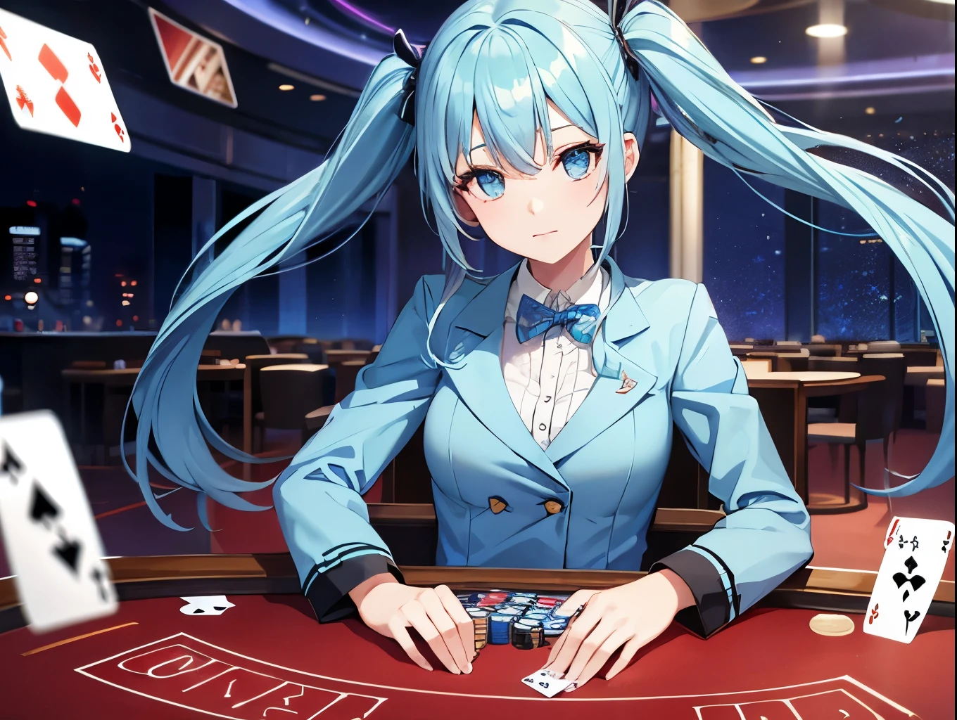 Light blue long hair beautiful girl with twin tails Playing cards at a casino Beautiful Girl Dealer