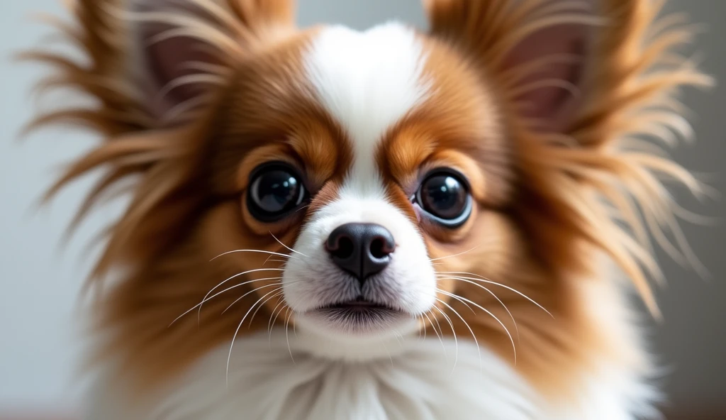The face is brown in color、He has white hourglass-shaped hair growing in the middle of his face.、Dog with white lower body。The breed is Papillon





