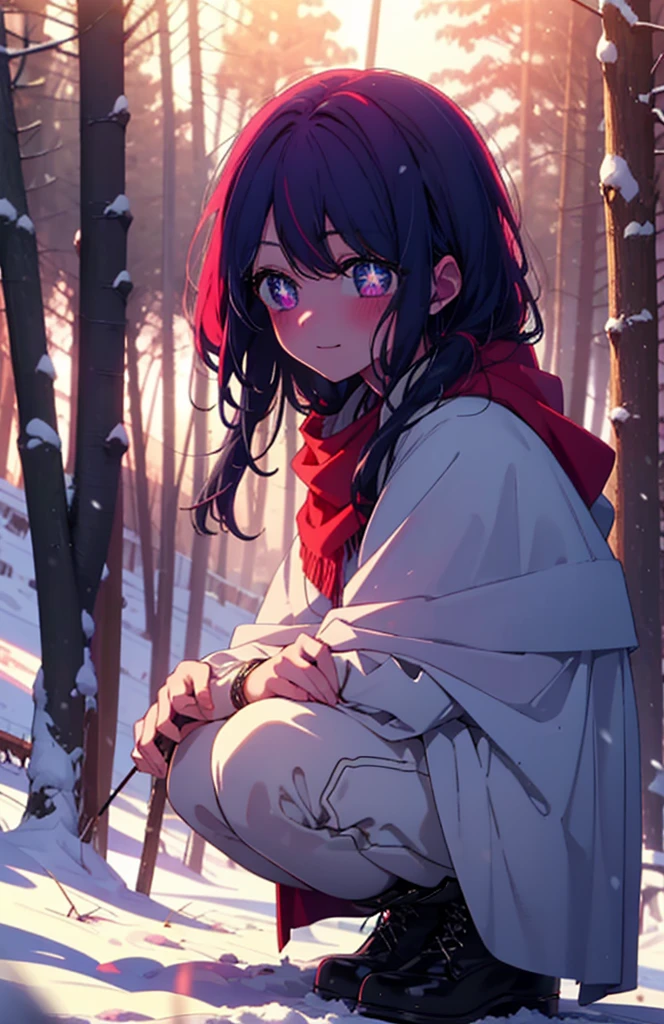 aihoshino, Ai Hoshino, Long Hair, bangs, (Purple eyes:1.1), Purple Hair, (Symbol-shaped pupil:1.5), smile,,smile,blush,white breath,
Open your mouth,snow,Ground bonfire, Outdoor, boots, snowing, From the side, wood, suitcase, Cape, Blurred, , forest, White handbag, nature,  Squat, Mouth closed, Cape, winter, Written boundary depth, Black shoes, red Cape break looking at viewer, Upper Body, whole body, break Outdoor, forest, nature, break (masterpiece:1.2), Highest quality, High resolution, unity 8k wallpaper, (shape:0.8), (Beautiful and beautiful eyes:1.6), Highly detailed face, Perfect lighting, Extremely detailed CG, (Perfect hands, Perfect Anatomy),