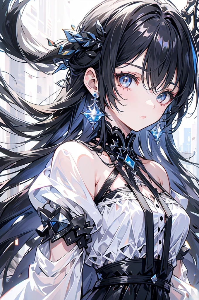 Exquisite facial features,Girl in western dress,Glassy eyes,Silver earrings,Black long hair,cute