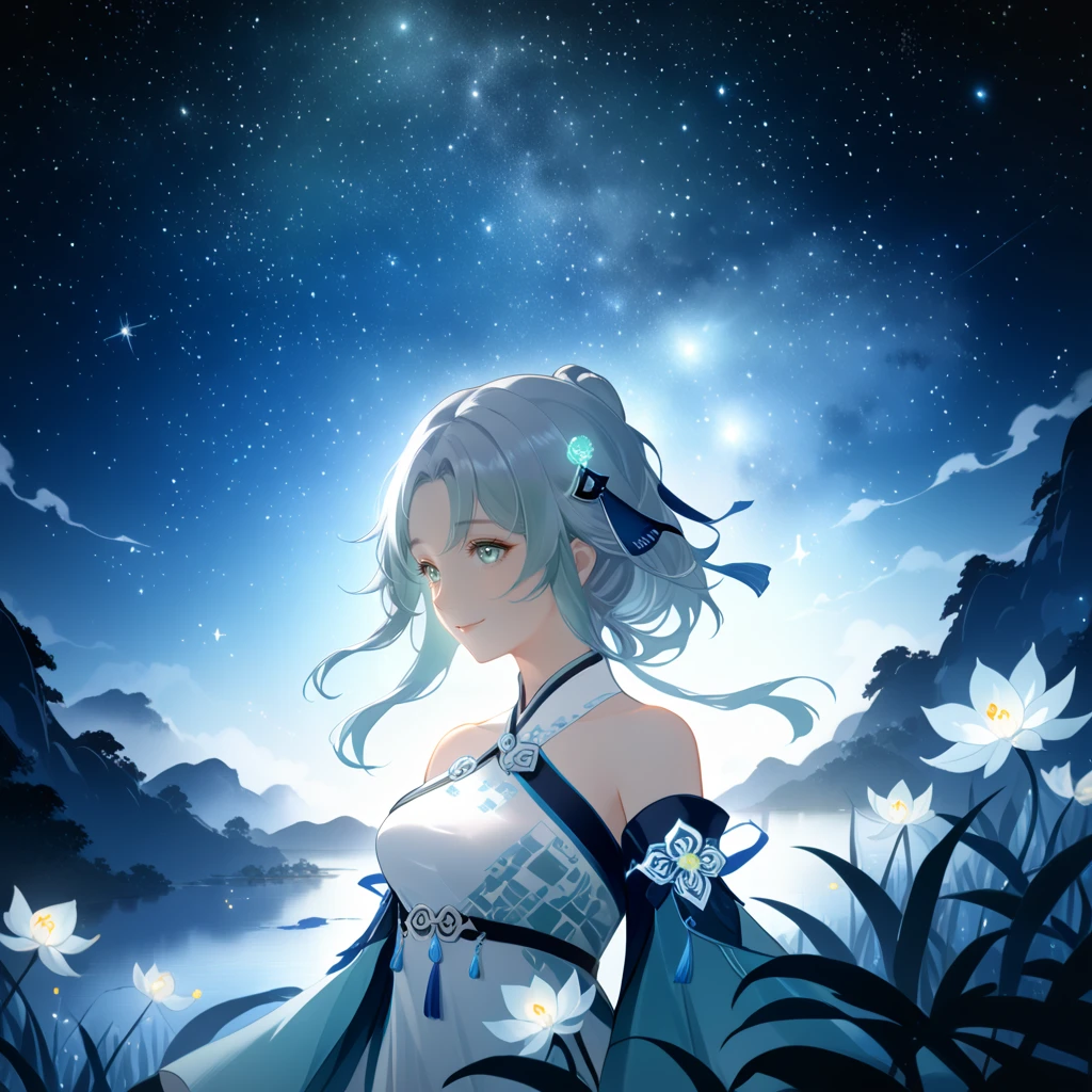 score_9, score_8_up, score_7_up, score_6_up,1girl, guizhong_\(genshin_impact\),(grey hair),short_hair_with_long_locks in front and low ponytail in back,gradient_hair,(pale grey eyes with seafoam gradient),starry_sky_print,detached_sleeves white outside blue starry inside, hands completely hidden by long sleeves,stunning field of softly glowing cerulean and white glaze lilies,night scene,gentle smile,face focus, eye focus,ladyshadow,moonlight,glossy lips,vivid anime coloring,cel shading,smooth, soft dreamy focus,anklet,halter_top,white clothes,highly detailed,digital painting,bare_shoulders,barefoot,cool night tones, magical night scene,geo crystalflies,professional,anemo colored fireflies,nebula of stardust and silvery vapor,harmonious blend of nature and art,transcendent beauty,awe-inspiring artwork,(best quality,4k,8k,highres,masterpiece:1.2),yunamaro,carnelian,dsmile,cosmic stardust,guizhong, guizhong's def clothes, 1girl, long hair, blue eyes, barefoot, guizhong's dress, hair ornament, chinese clothes, sleeves past fingers,