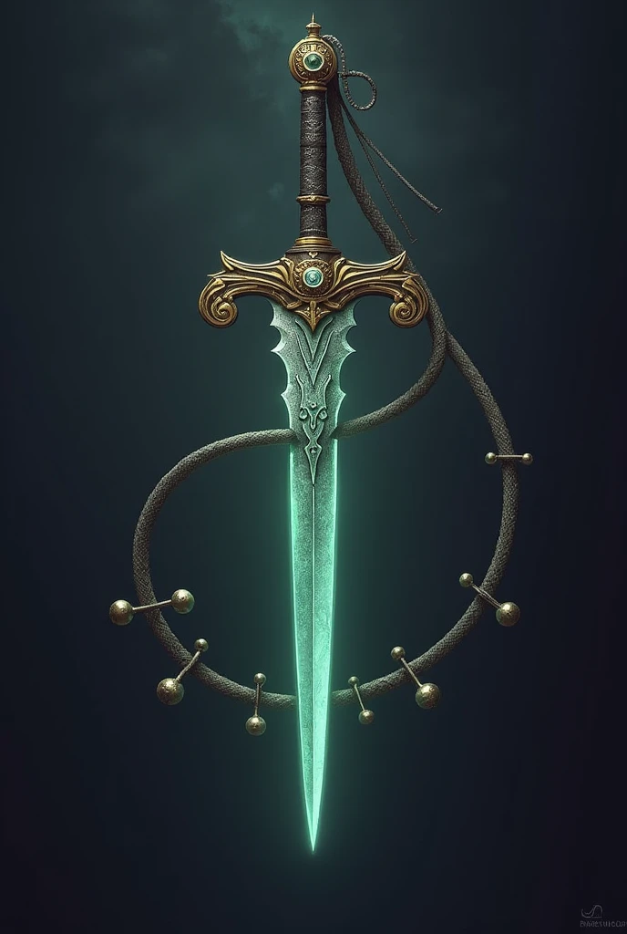 A single dagger in the shape of a treble clef, with intricate design on the blade and handle. From the base of the handle, A flexible whip is extended along its length, which is decorated with small bells or resonators.. The whip can be coiled into the handle or deployed as needed..

