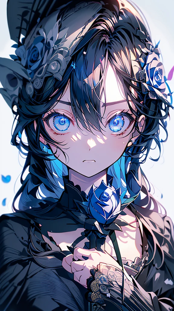 masterpiece、20 year old 1 girl、Black Hair、Long Hair、Blue eyes、Angry Face、Black suit、(((Blue Rose)))、(Rose Background)、Upper Body、((focus on her face))