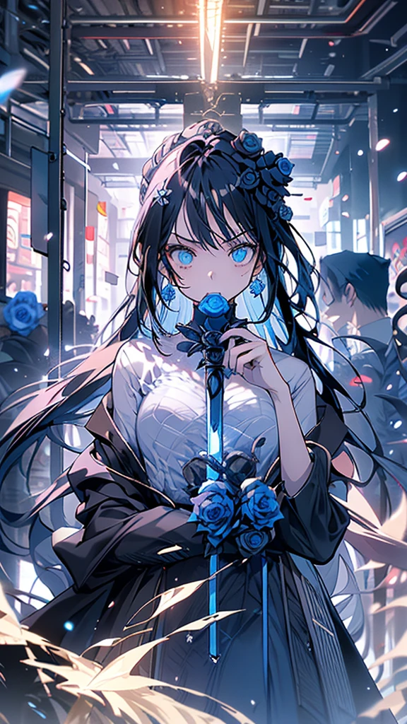masterpiece、20 year old 1 girl、Black Hair、Long Hair、Blue eyes、Angry Face、Black suit、(((Blue Rose)))、(Rose Background)、Upper Body、((focus on her face))