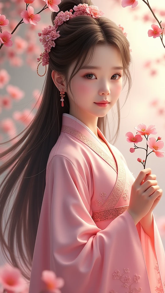 Girl, Brown long hair，hanfu，pink accessories，flower in hand