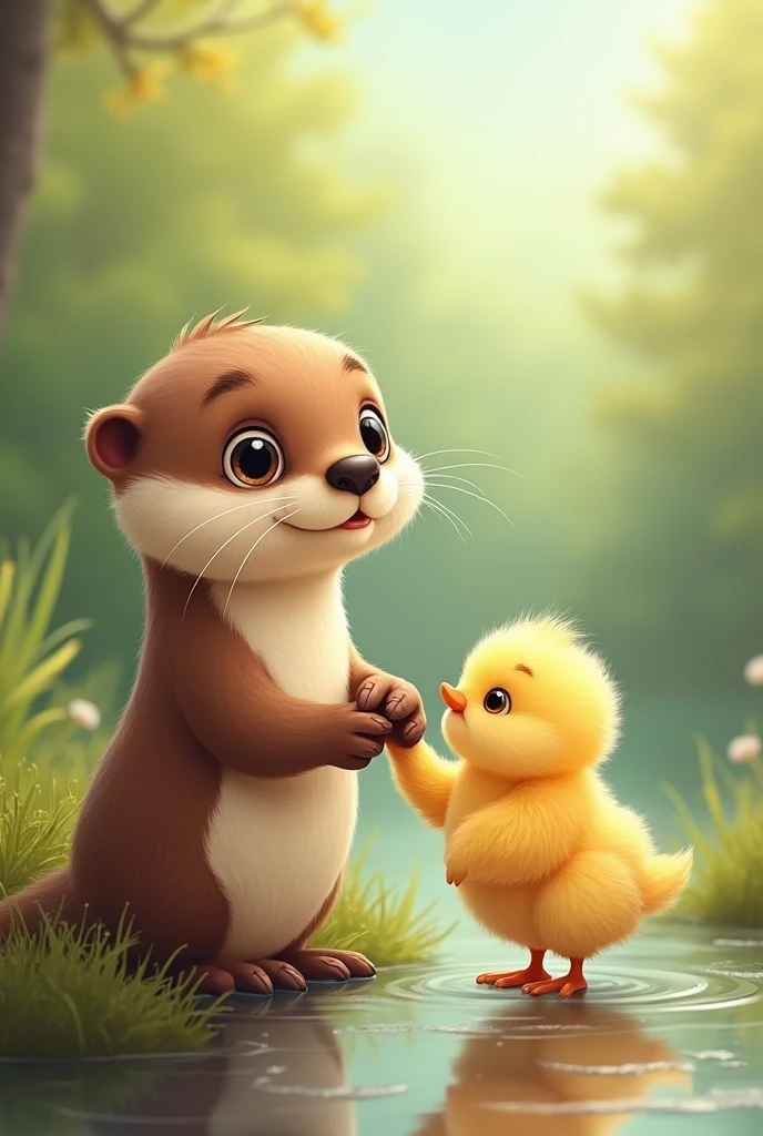 Otter holding a chick by the hand