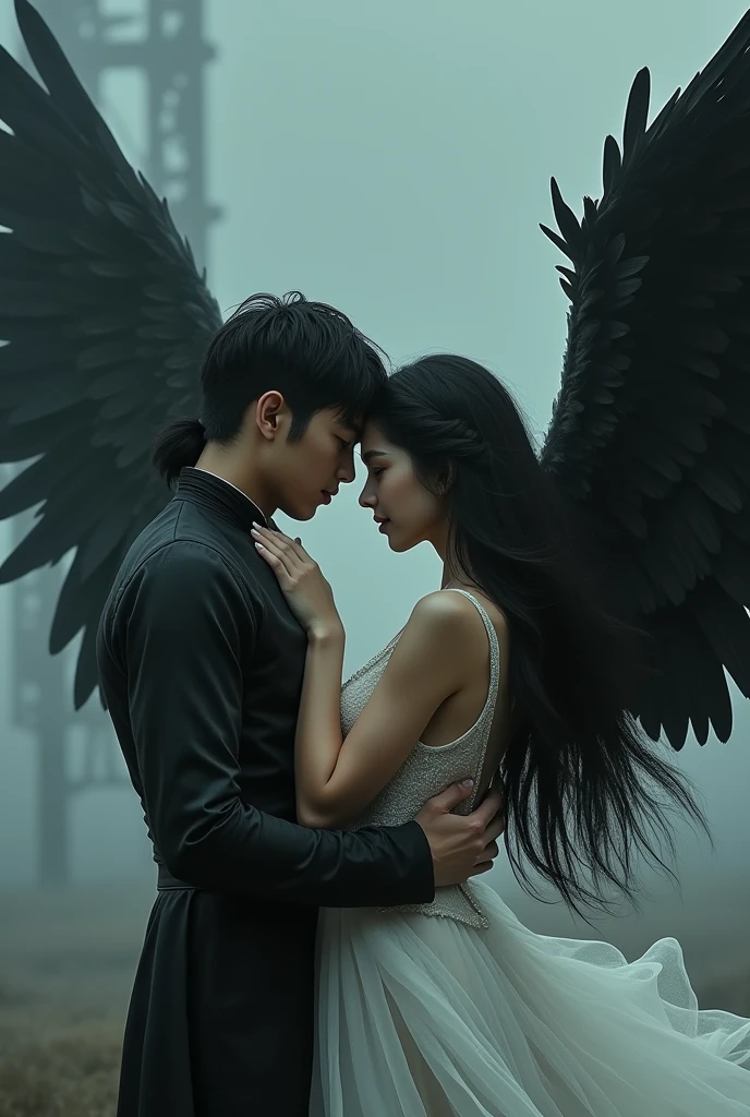 Create a highly detailed digital art piece depicting a dramatic and intense scene. The image should feature a handsome asian male, short mullet haircut, wearing a black outfit and has wings made of feathers. The wings should appear powerful and dynamic, enhancing the surreal and otherworldly feel of the scene. The male hugged a beautiful russian female figure with long, flowing black hair, dressed in a semi-transparent, ethereal white gown that suggests a blend of elegance and mystery. Her posture should be one of awe or slight trepidation as she gazes up at him. And he gazes at her. The background should be moody and atmospheric, possibly with a hint of desolation or a war-torn landscape.